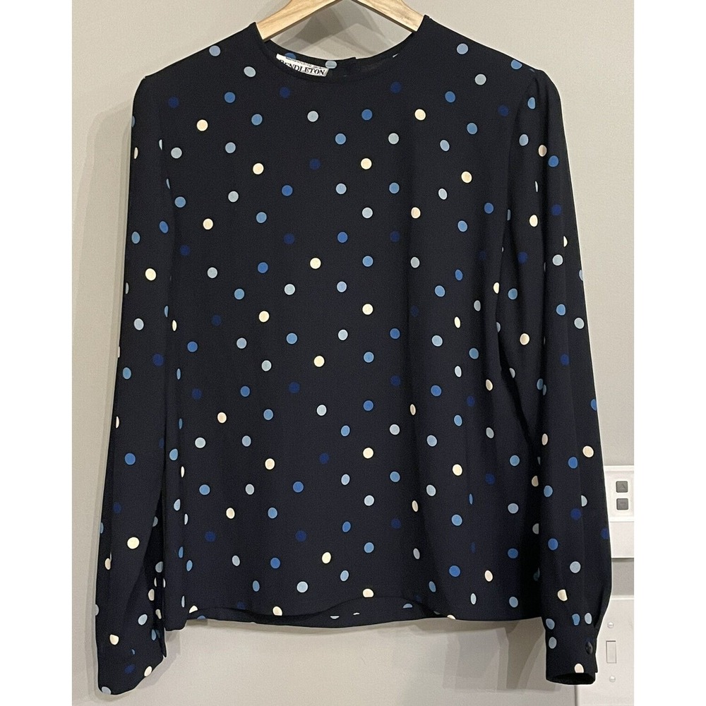 Pendleton Navy Polka Dot Long Sleeve Blouse Women Size 10 Classic Career